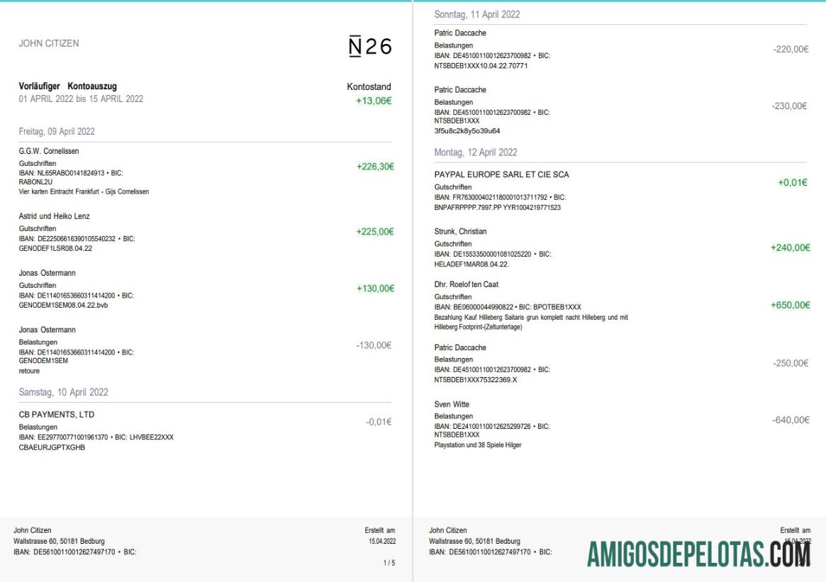 Germany N26 Bank Statement 5 Pages amostra